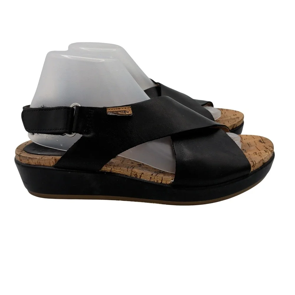 Pikolinos Mahon W9E-0833 Black Leather Cork Wedge Platform Sandals Womens EU 40